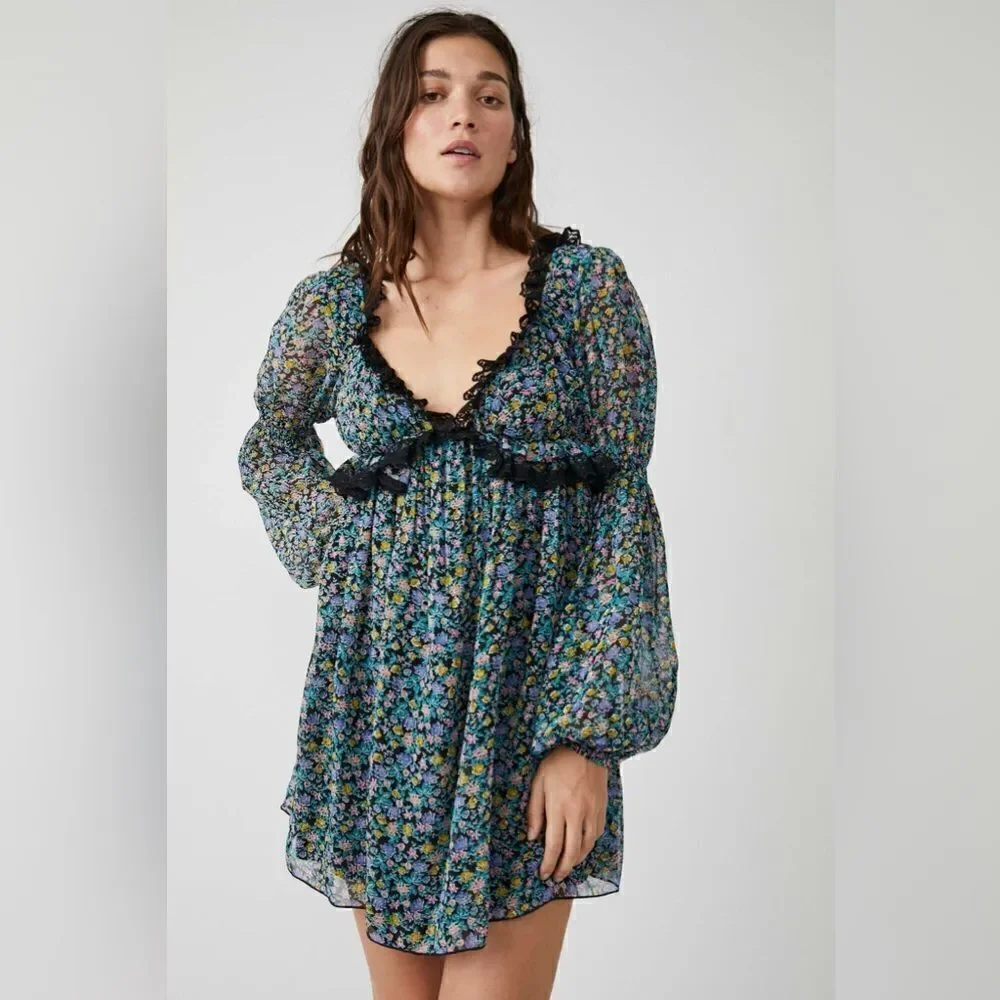 New Free People Pennie Floral Print Ruffle Long Sleeve/ size M
